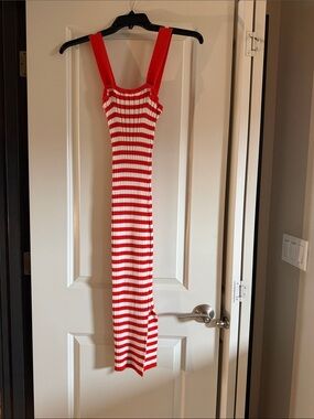 Red & White Striped Ribbed Maxi Dress